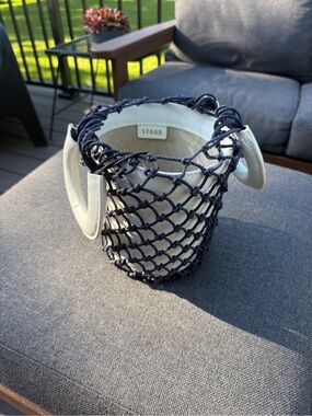 STAUD Moreau White Leather Bucket Bag with Navy Netting